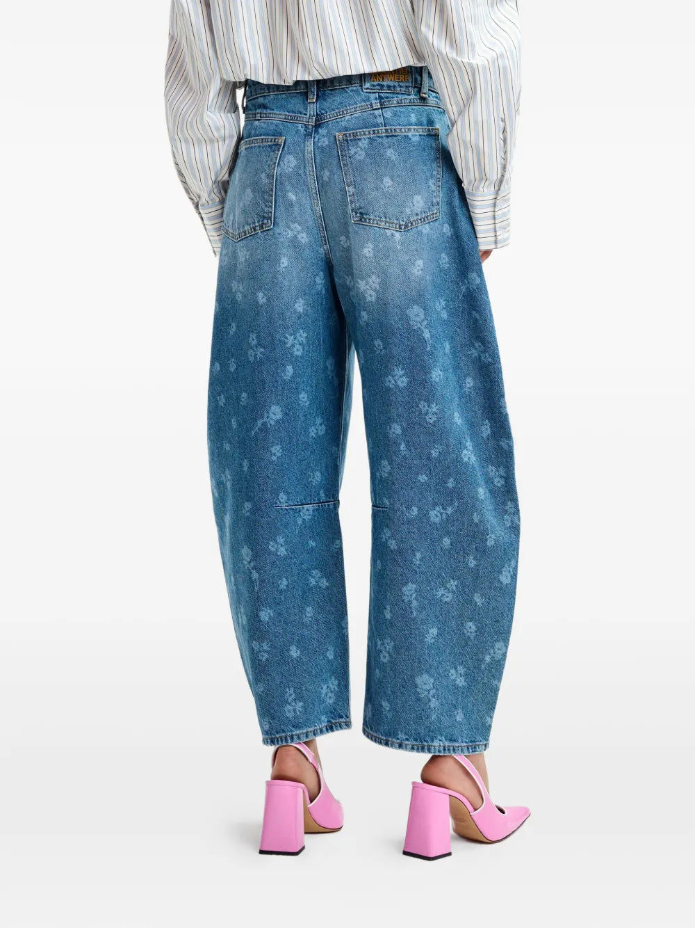 Blue Floral Print Barrel Leg Cropped Jeans