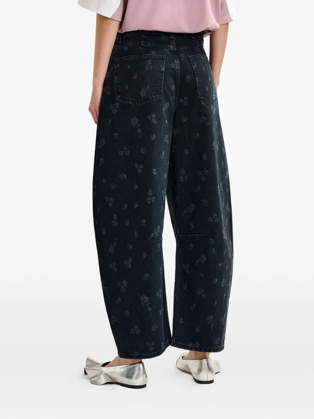 Black Floral Print Barrel Leg Cropped Jeans