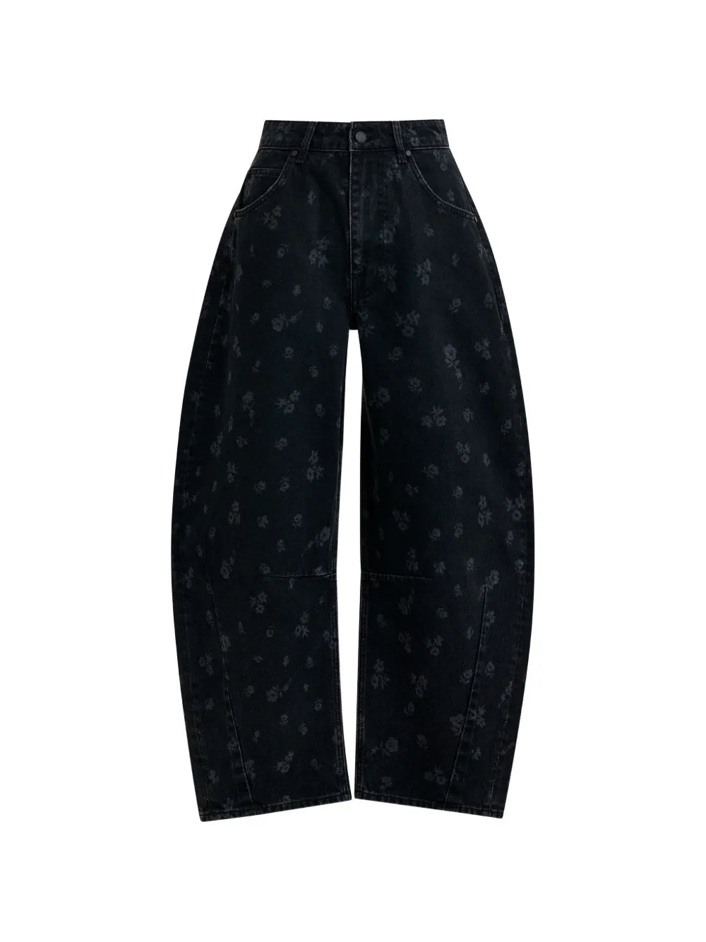 Black Floral Print Barrel Leg Cropped Jeans