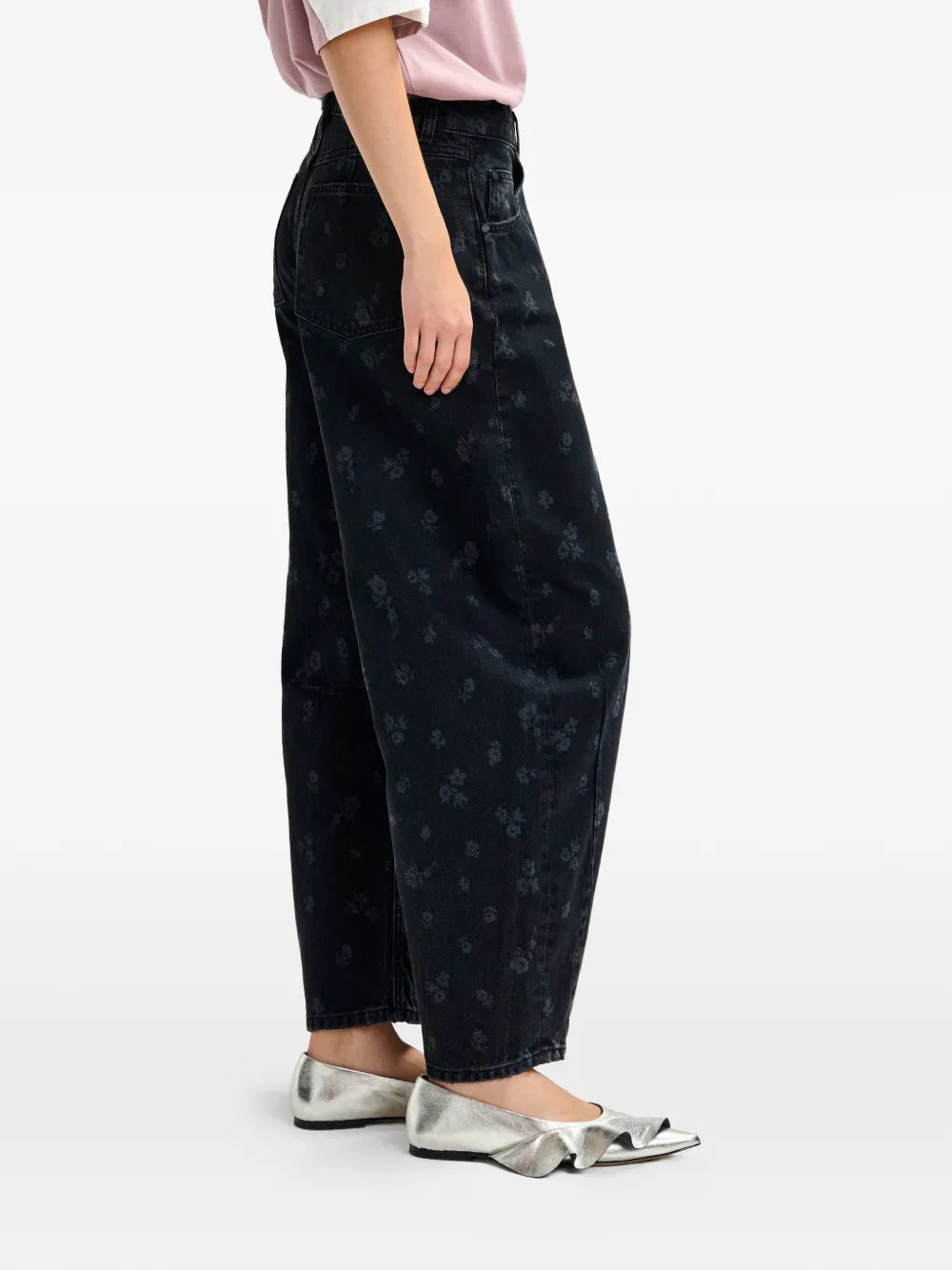Black Floral Print Barrel Leg Cropped Jeans