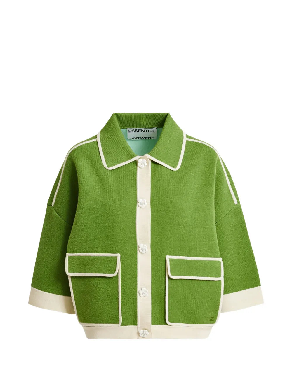 Green knit cardigan with flower buttons