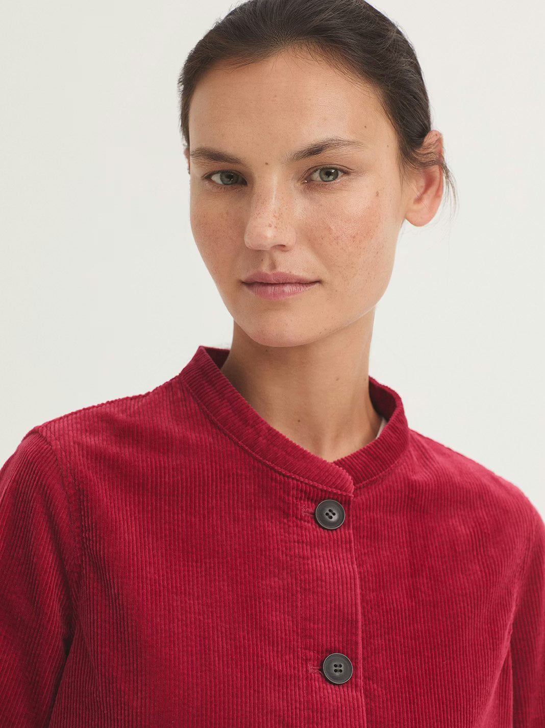 Mao Collar Corduroy Jacket - Red