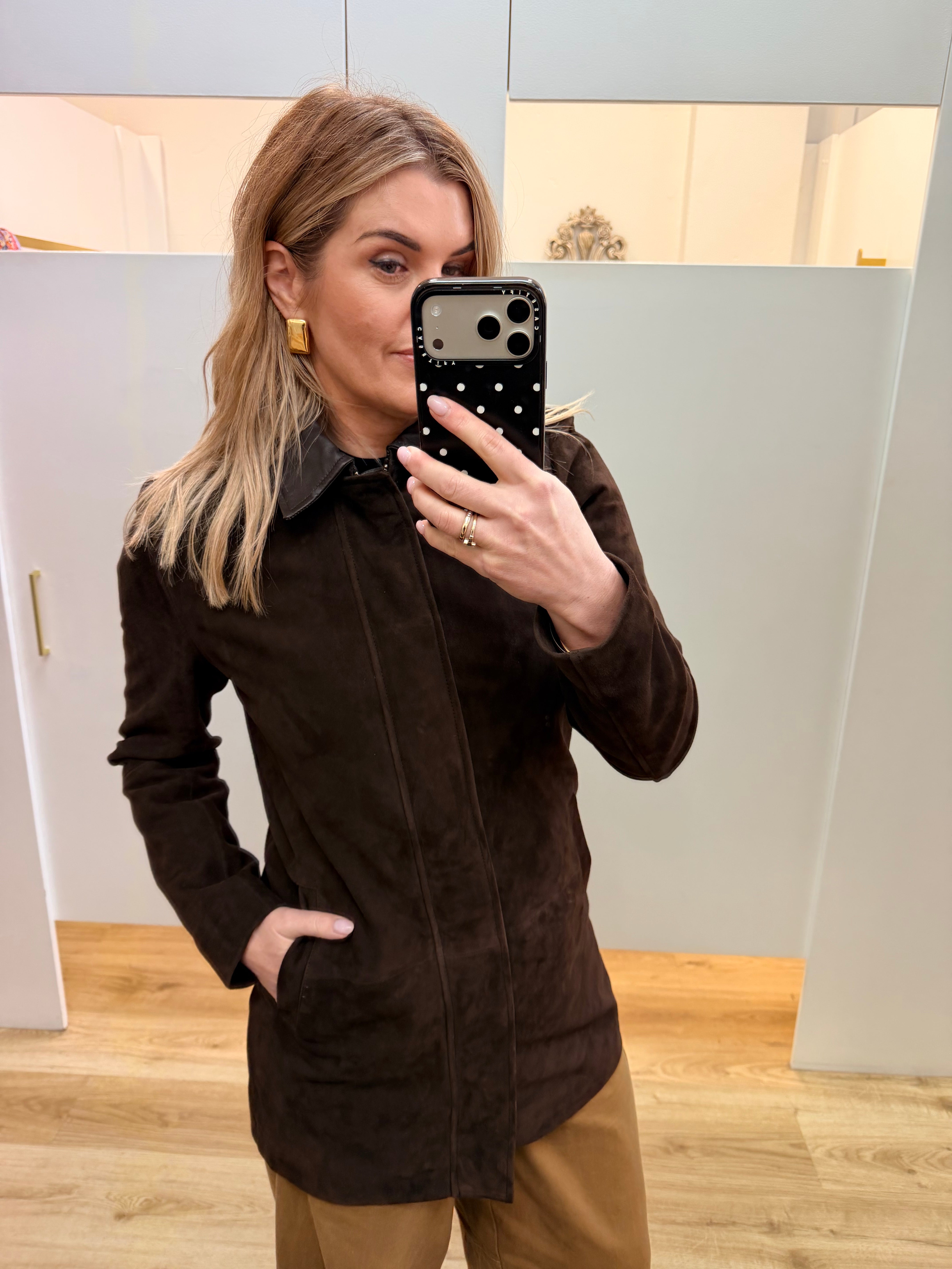 DEA The Label chocolate suede coat with genuine leather collar, concealed front fastening and front welt pockets.