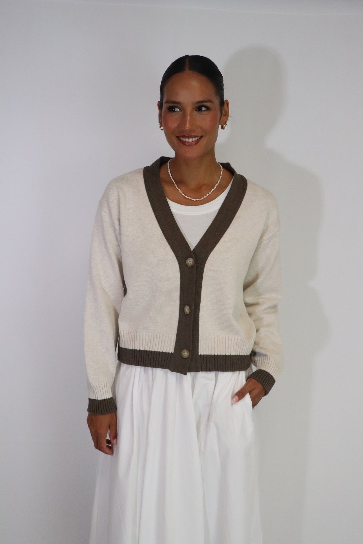 Tatano Contrast Cardi - Sand / Chocolate