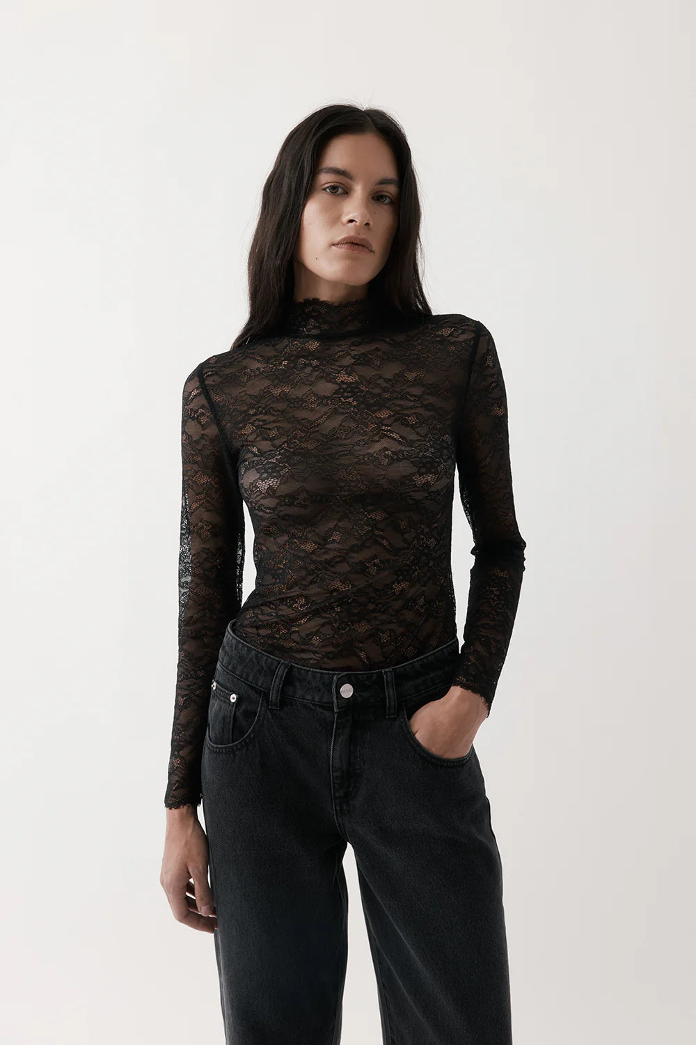 Lace Long Sleeve Top - Black