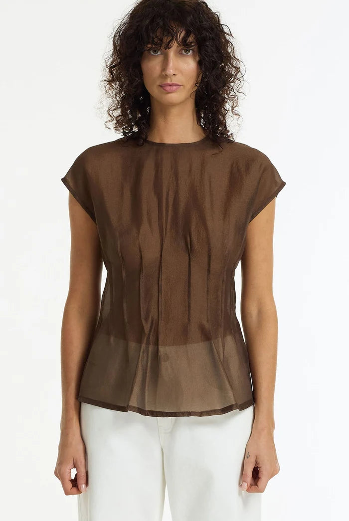 BLAK Refined Romance Sheer Pintuck Top - Chocolate