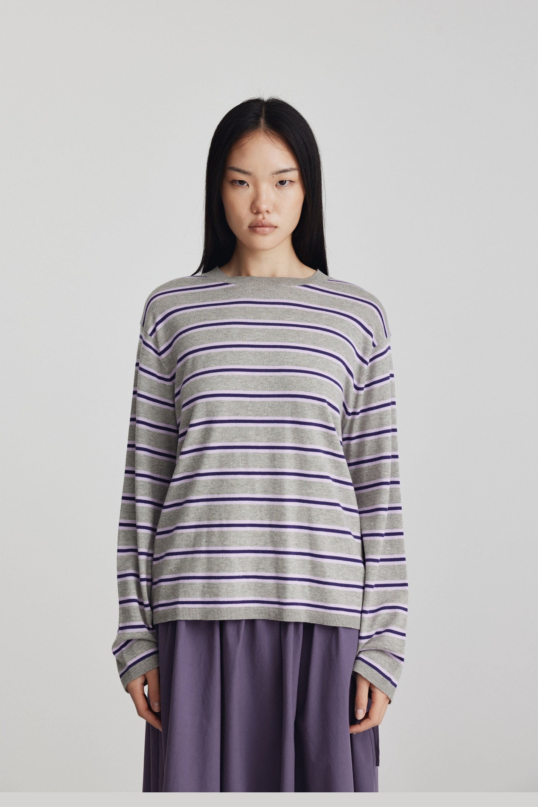 Ricochet Flip Long Sleeve Knit Top - Grey Marle + Dark Purple