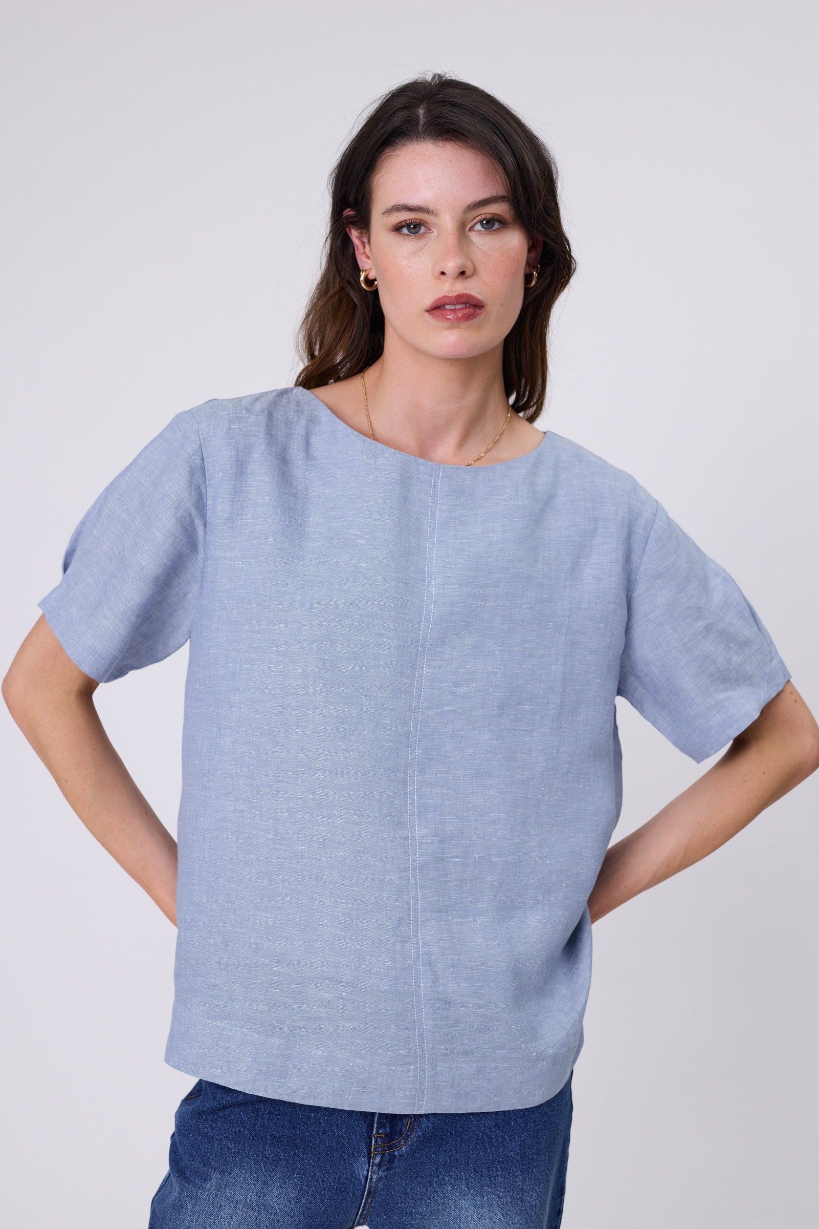 Light and breathable European linen top in Blue Smoke. Relaxed fit with contrast stitching and boat neckline — timeless style for effortless summer wear.