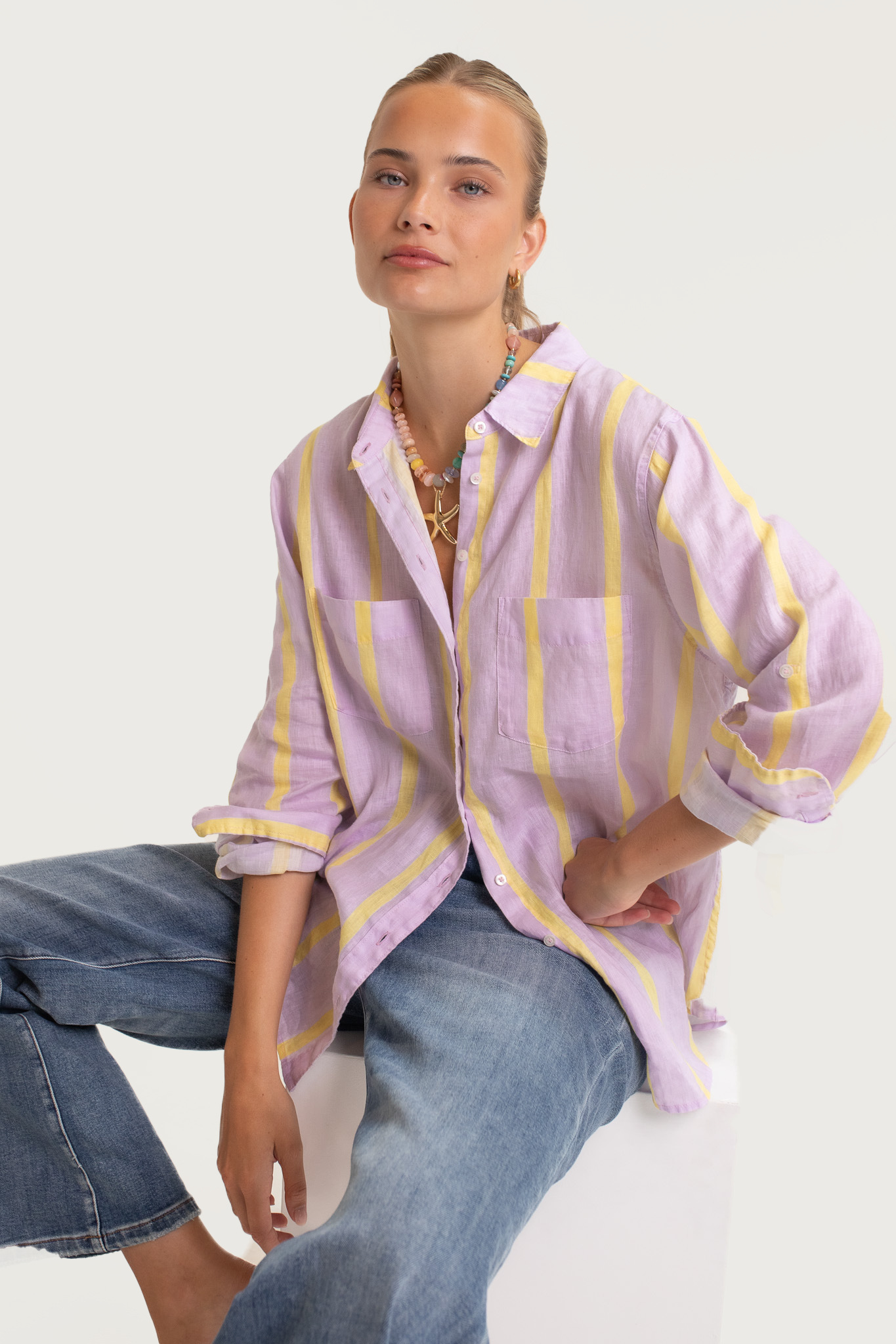 HUT Boyfriend Linen Shirt – Sunshine Mauve Stripe