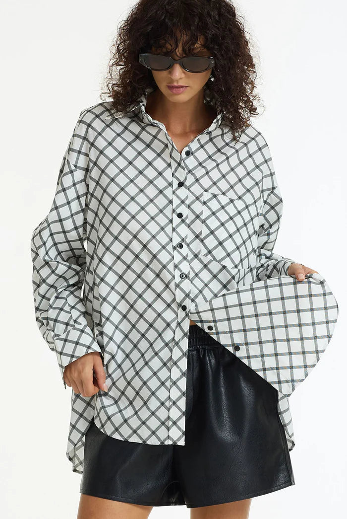 Blak Two Makes One Oversized Shirt - White with Charcoal Cross Hatching