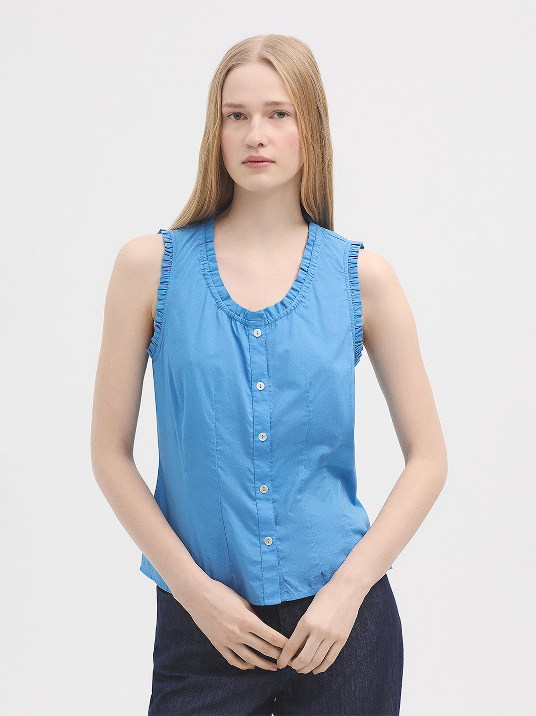 Ruffled Blue Sleeveless Shirt