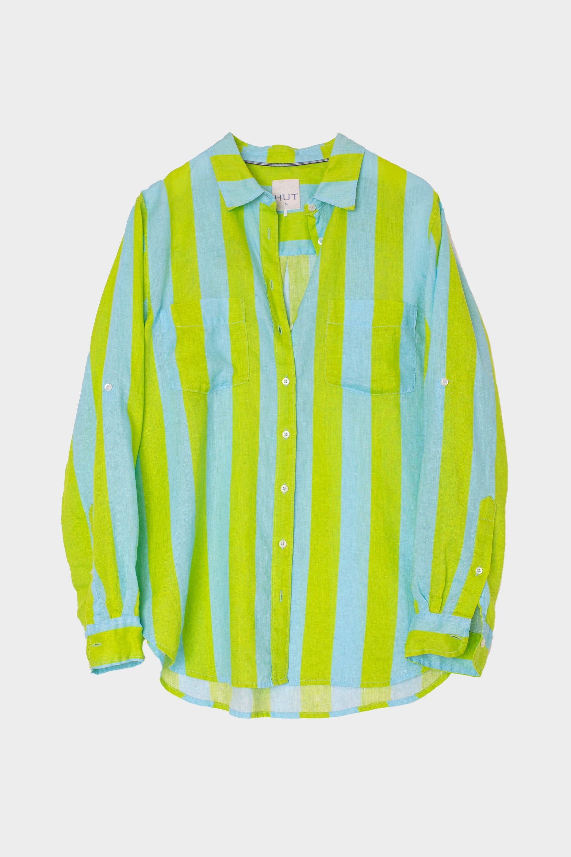 HUT Boyfriend Linen Shirt – Lime & Blue Stripe