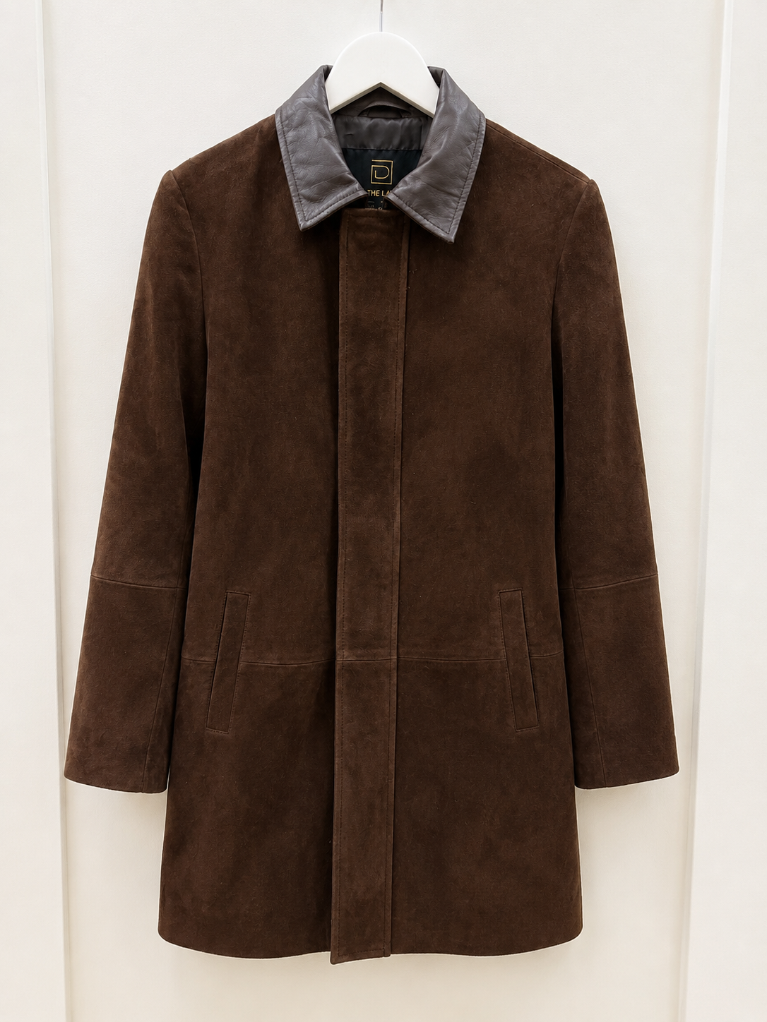 DEA The Label chocolate suede coat with genuine leather collar in a rich chocolate colour.