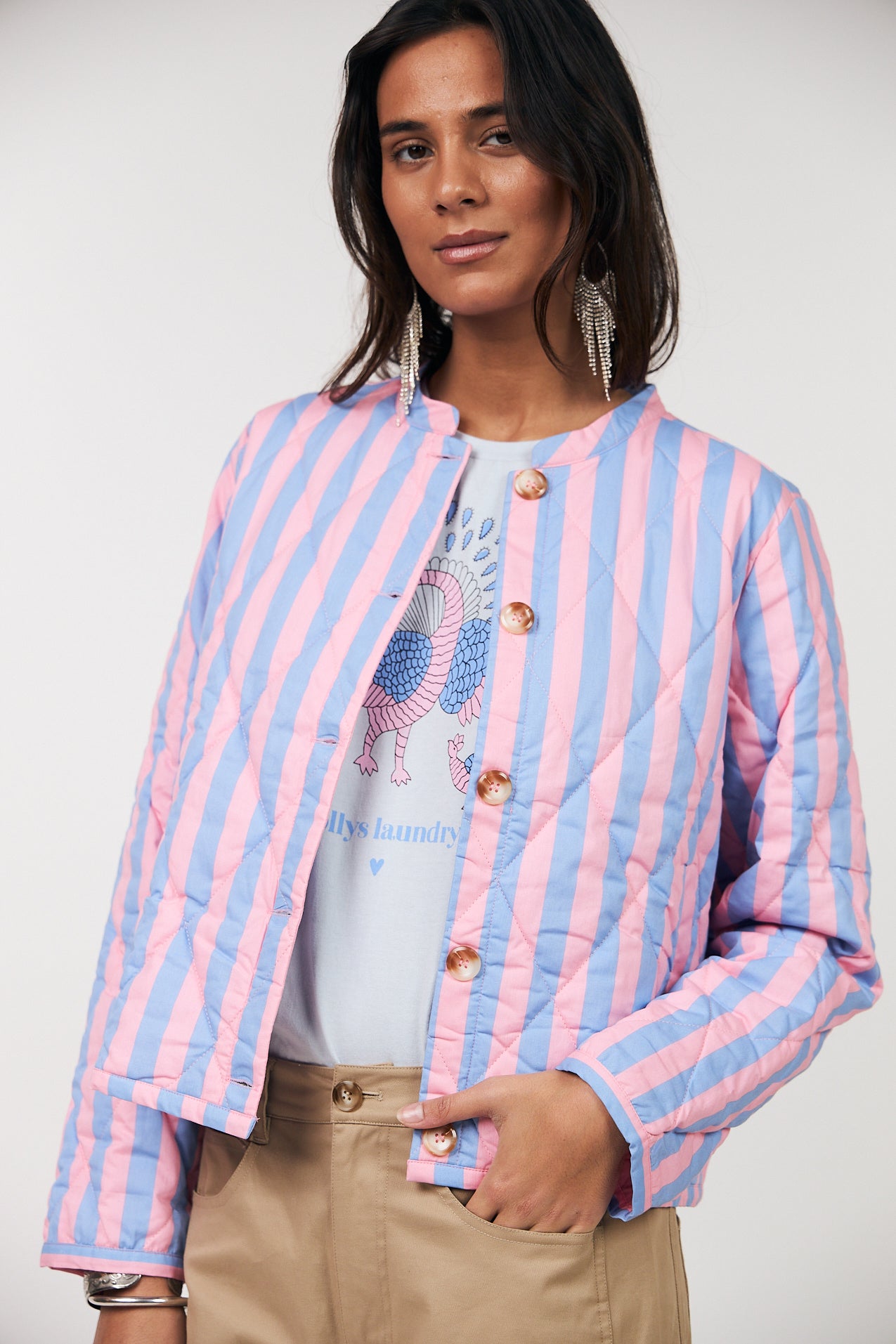 Lollys Laundry Emilia pink and blue striped quilted jacket, women's cropped jacket