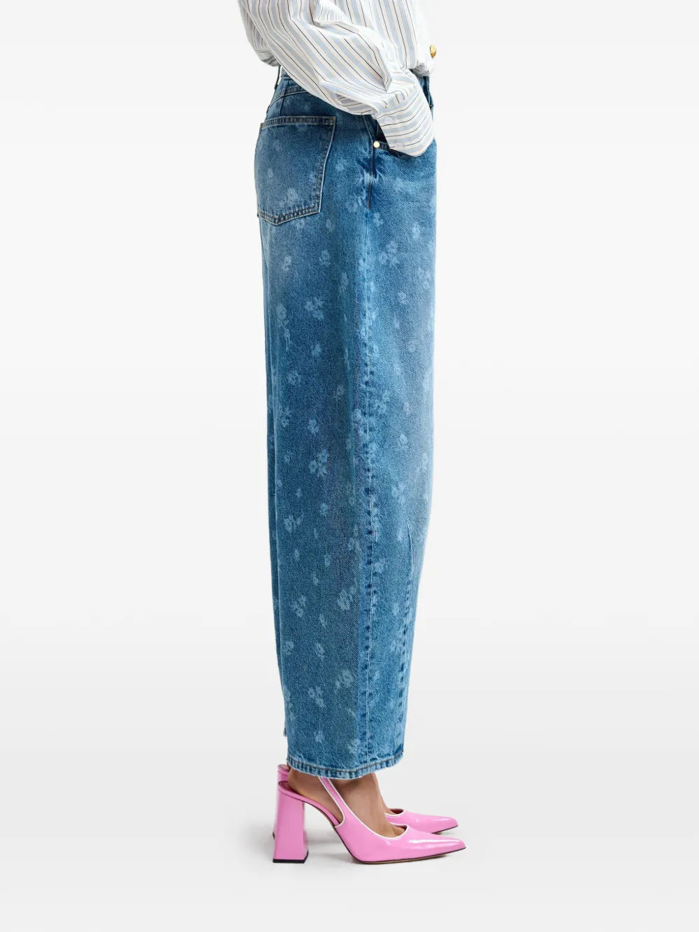 Blue Floral Print Barrel Leg Cropped Jeans