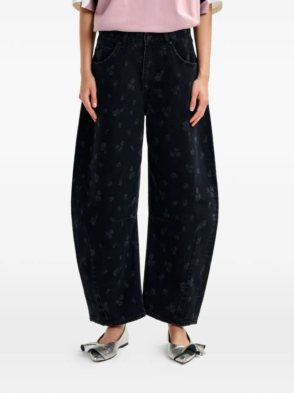 Black Floral Print Barrel Leg Cropped Jeans