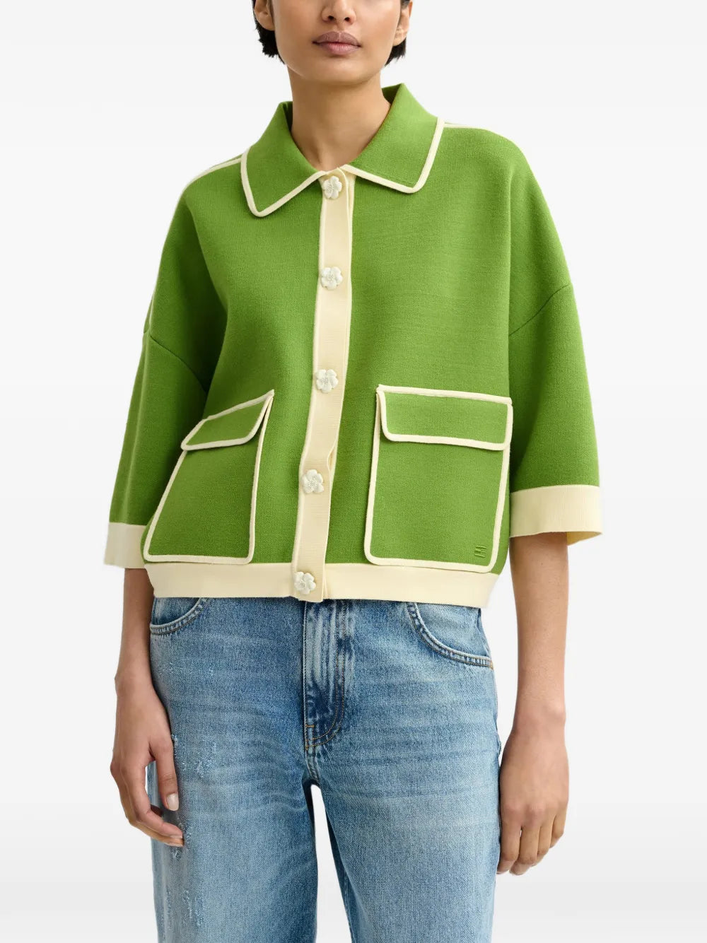 Green knit cardigan with flower buttons