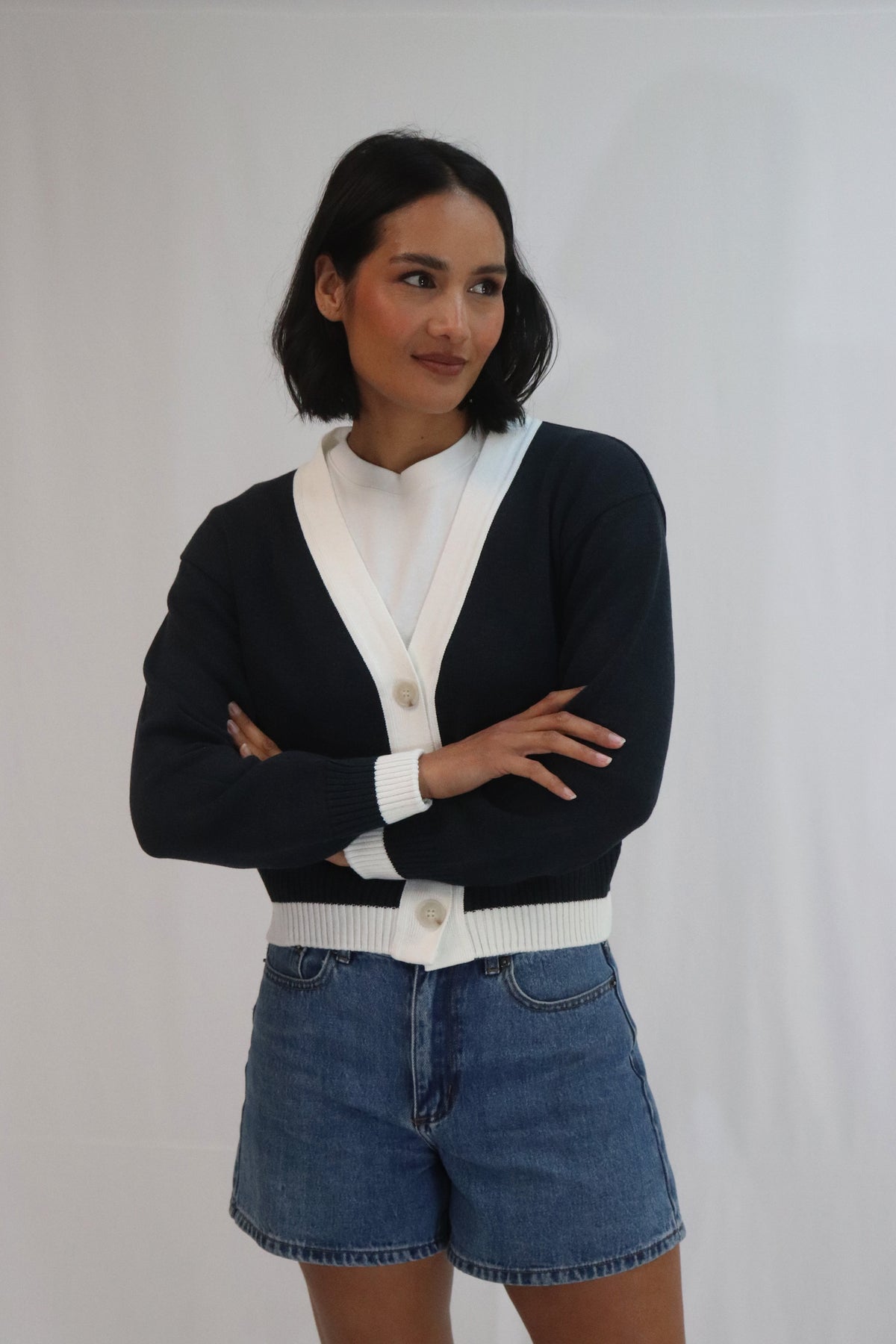 Tatano Contrast Cardi - Navy / White
