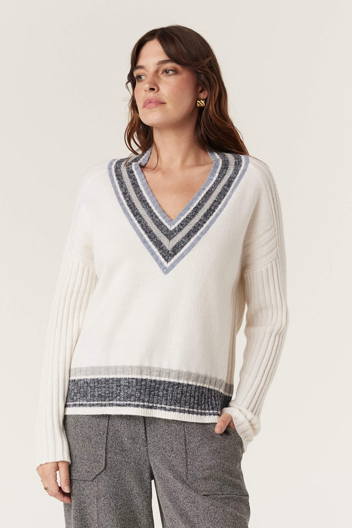 Cable Cashwool Varsity Jumper - Milk