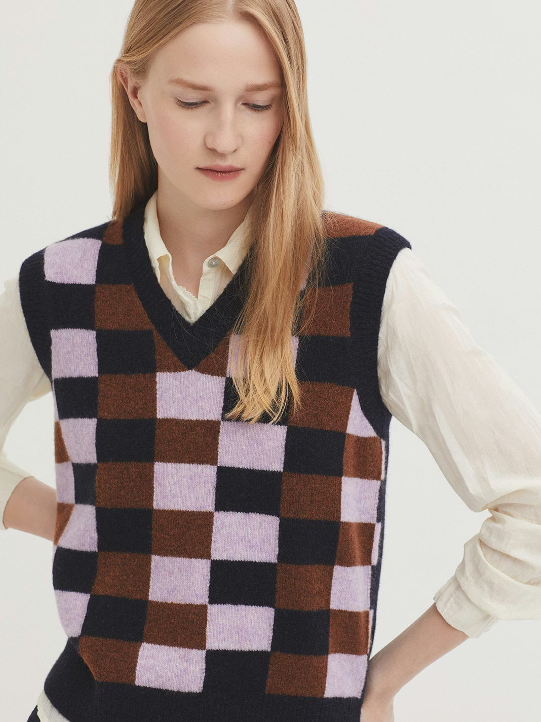 Checkered Front Vest - Navy