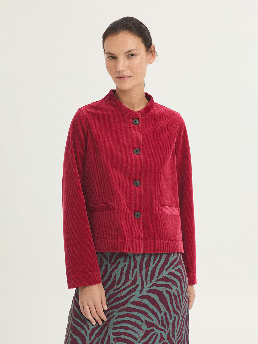 Mao Collar Corduroy Jacket - Red