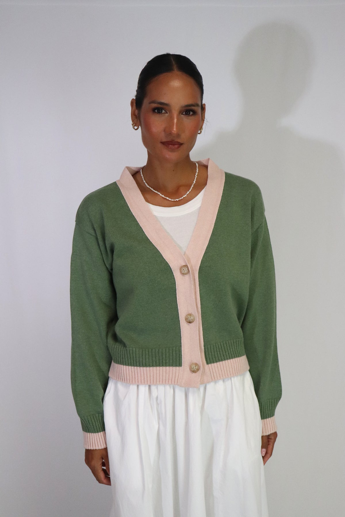 Tatano Contrast Cardi - Olive / Blush