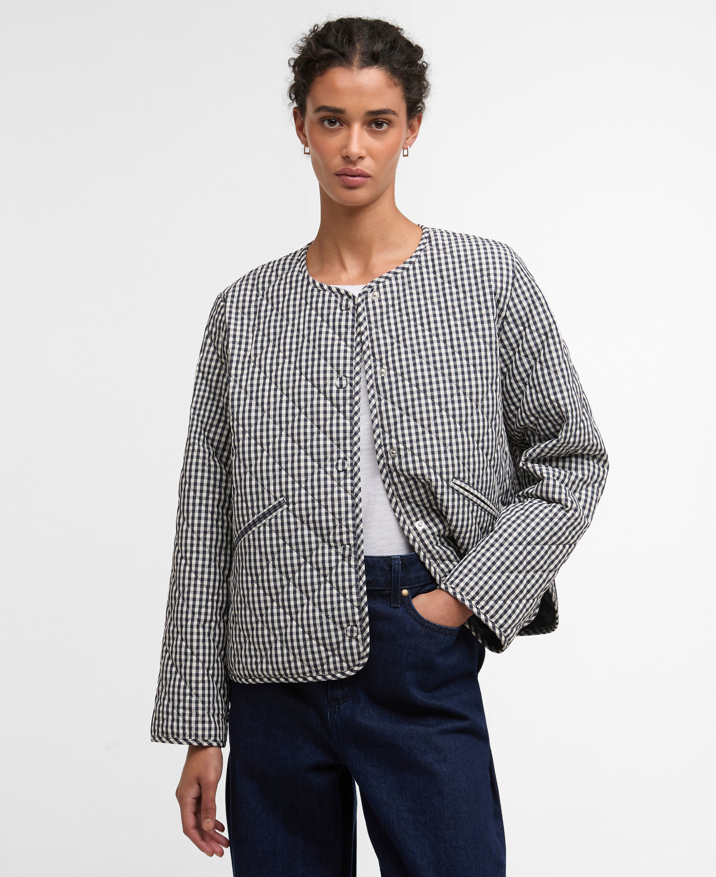 Barbour Cashel Gingham Collarless Quilted Jacket