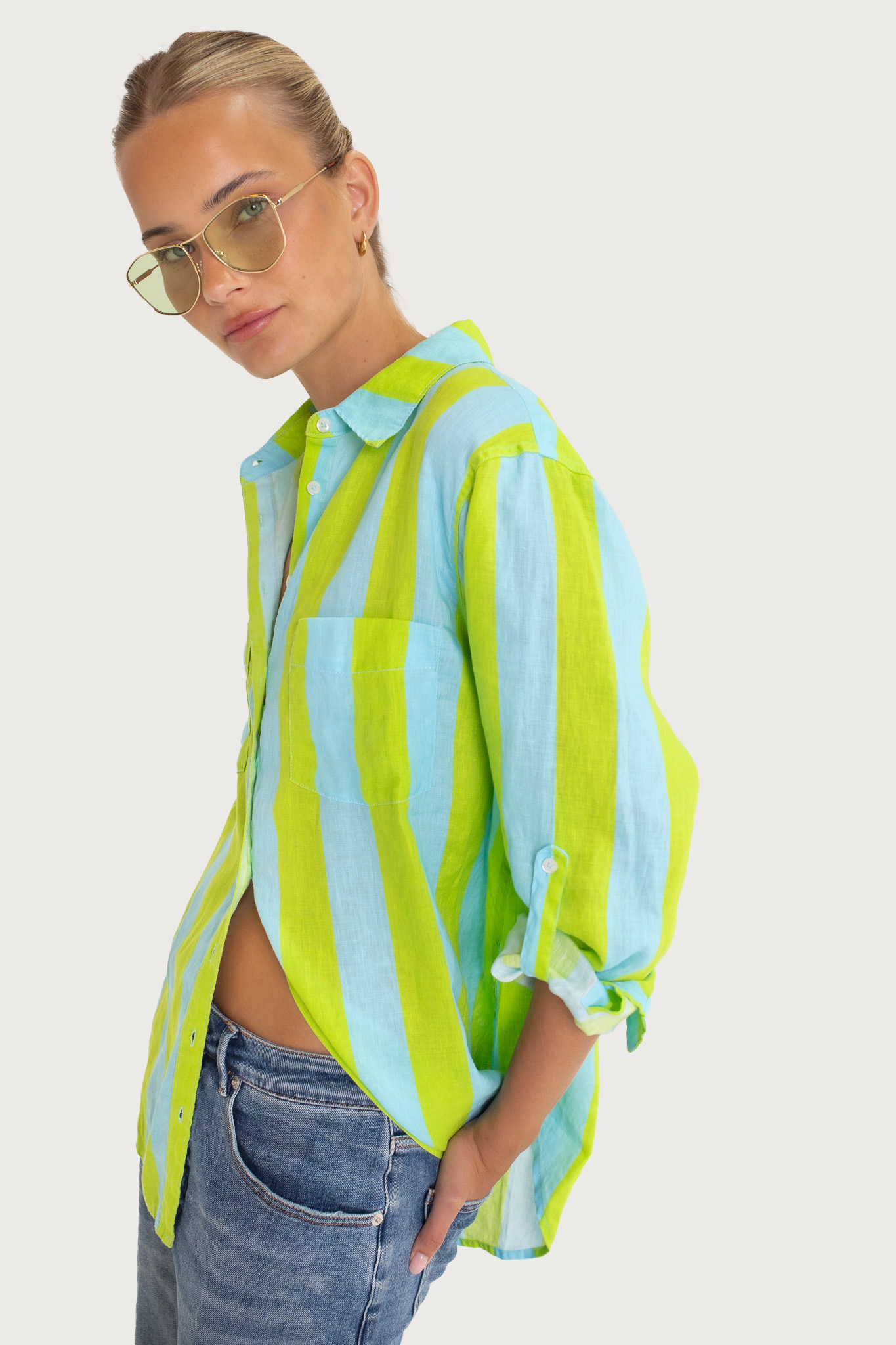 HUT Boyfriend Linen Shirt – Lime & Blue Stripe