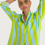 HUT Boyfriend Linen Shirt – Lime & Blue Stripe