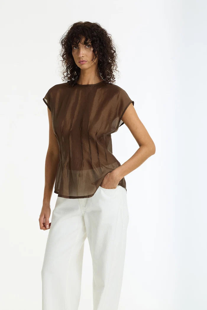 BLAK Refined Romance Sheer Pintuck Top - Chocolate