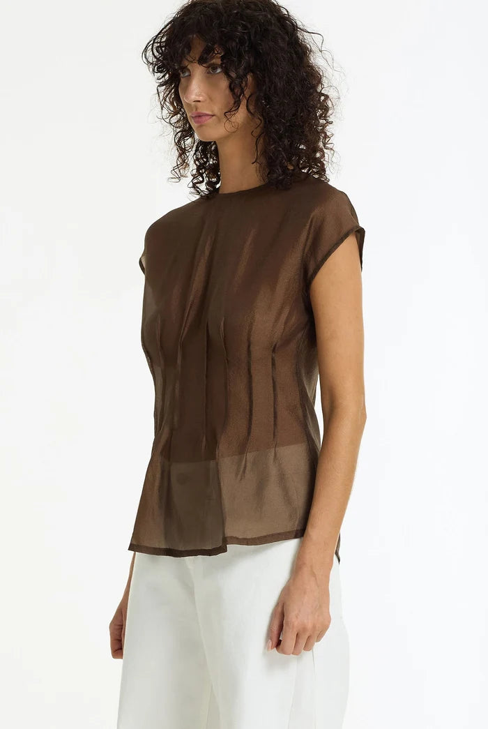 BLAK Refined Romance Sheer Pintuck Top - Chocolate