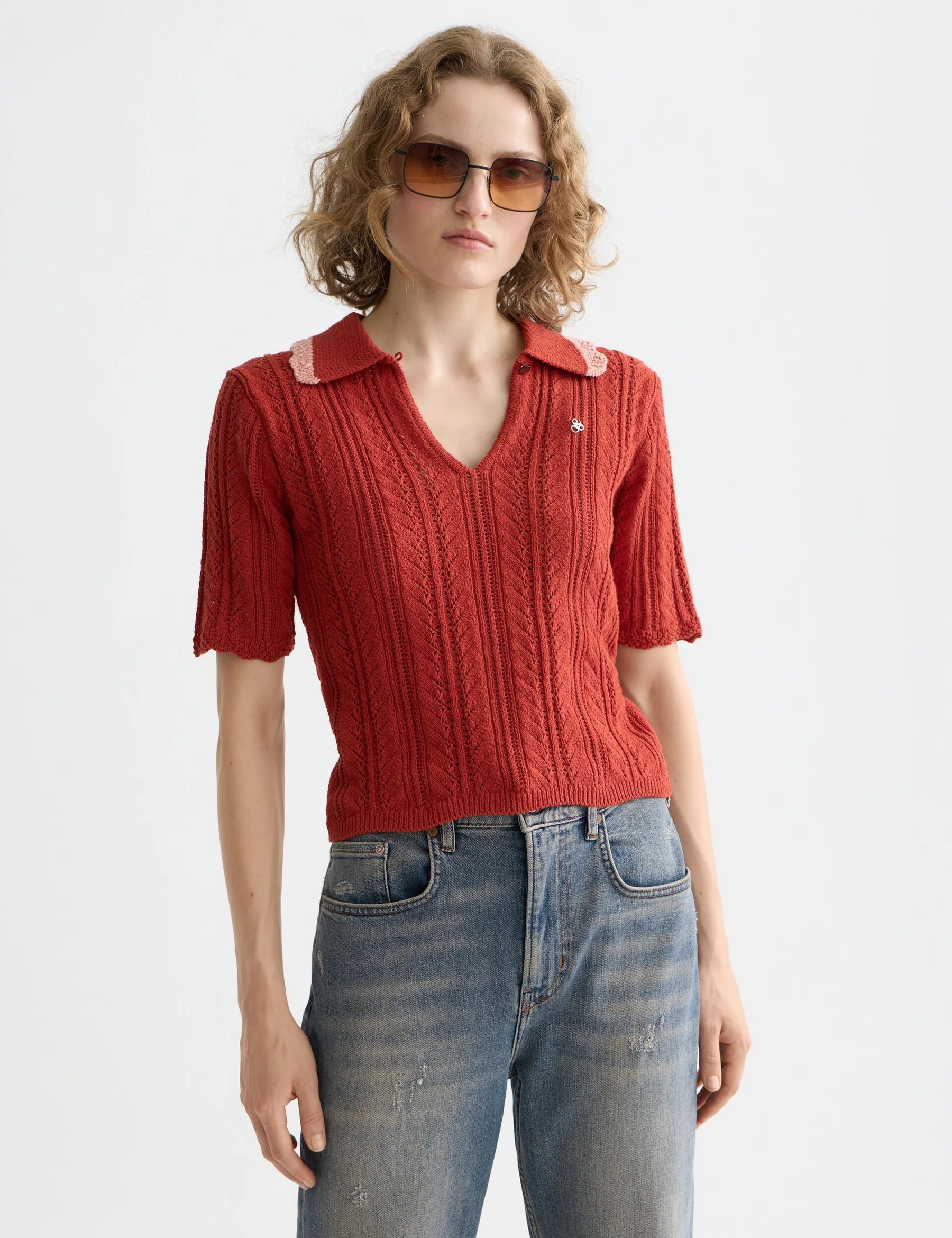 Pointelle Collared Knit Polo