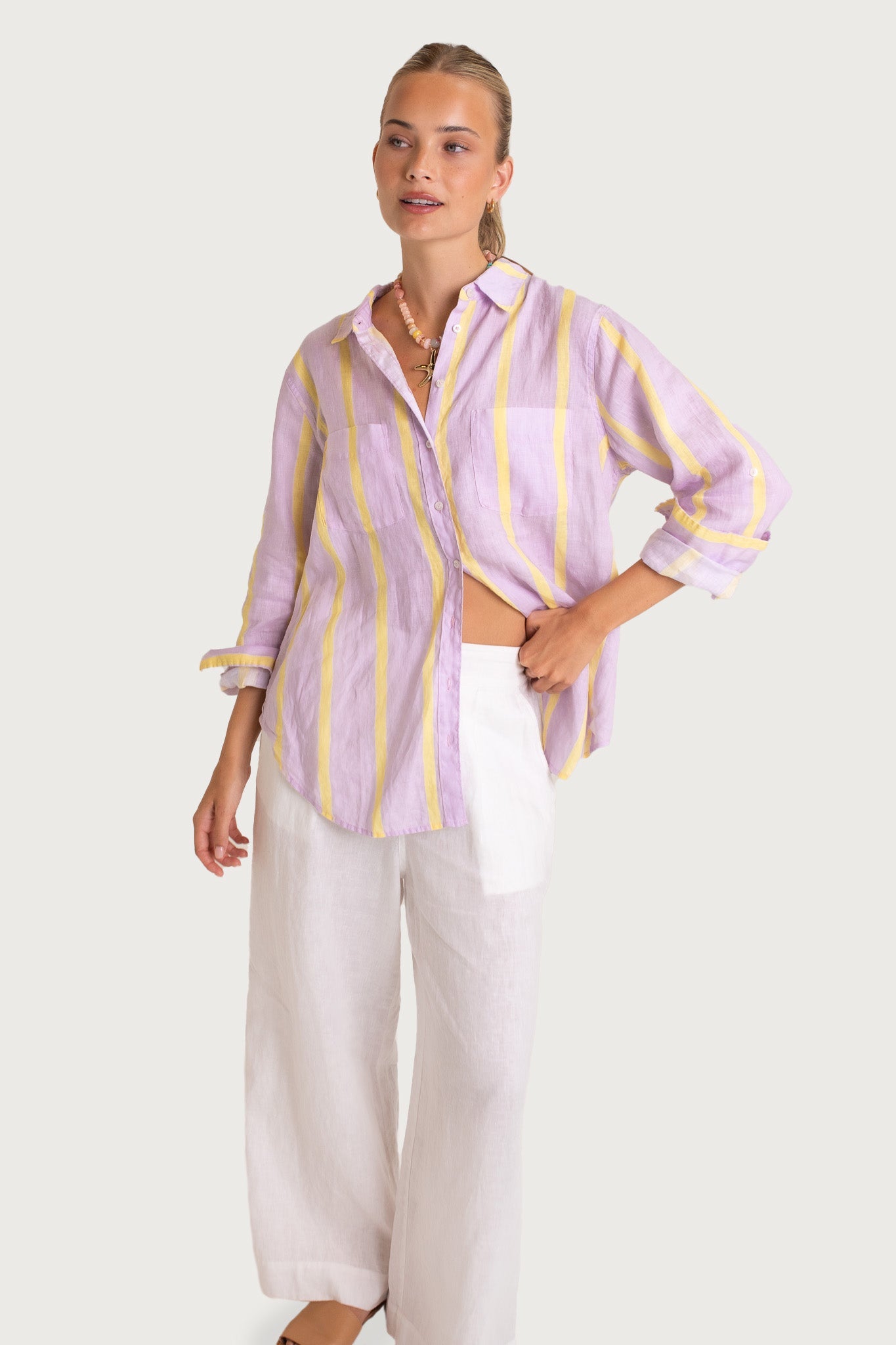 HUT Boyfriend Linen Shirt – Sunshine Mauve Stripe