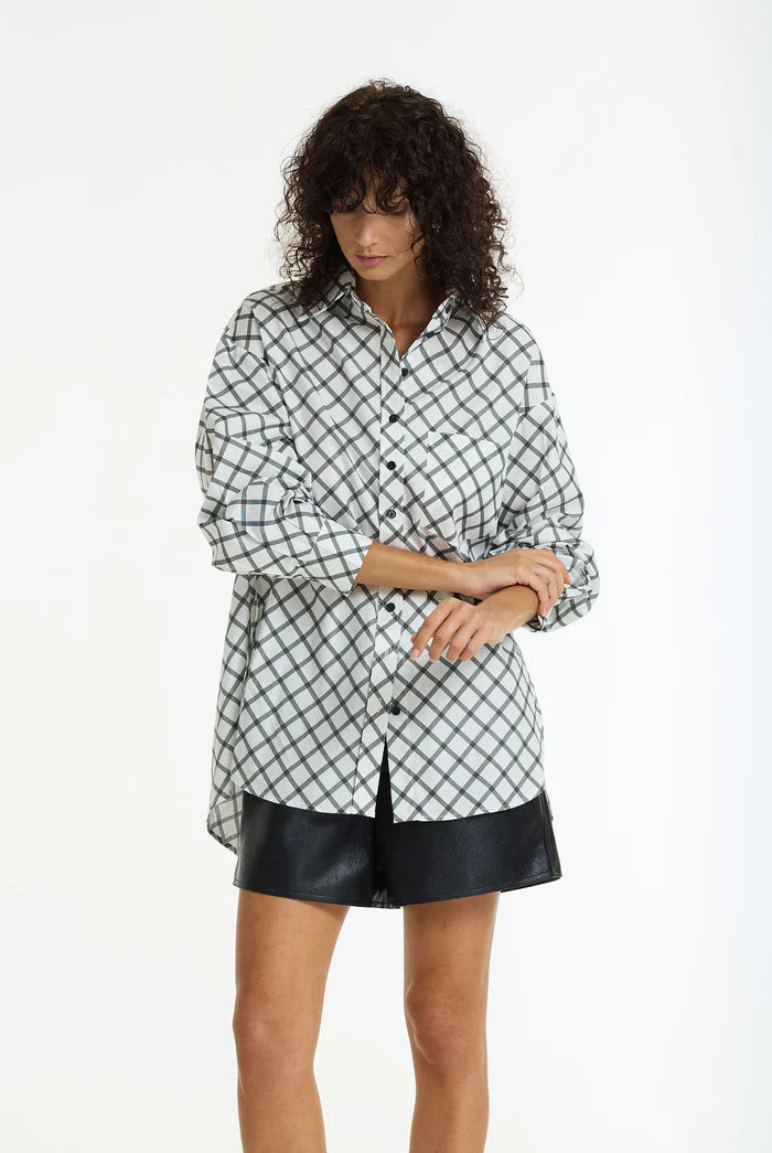 Blak Two Makes One Oversized Shirt - White with Charcoal Cross Hatching