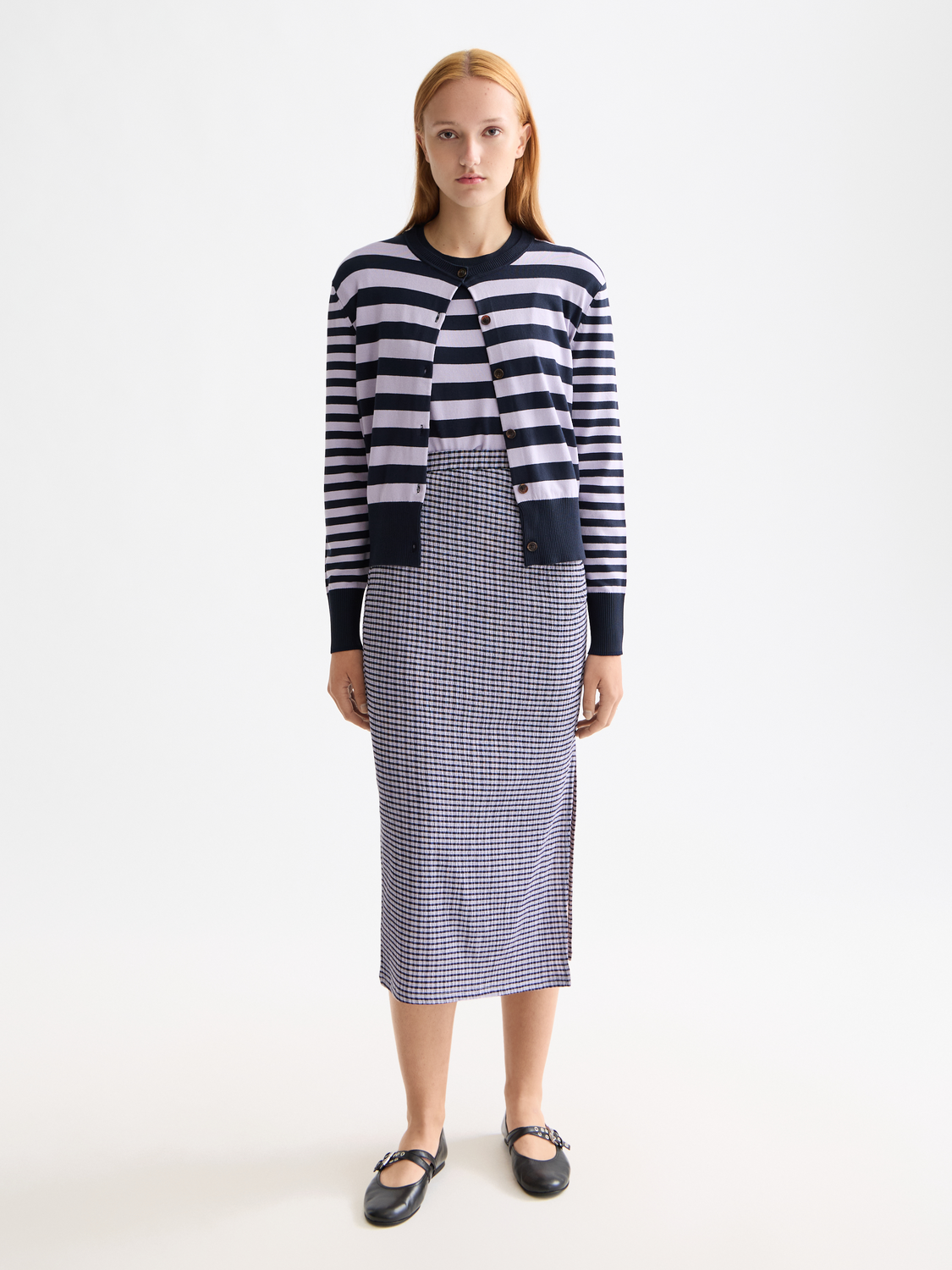 Crew Neck Relaxed Cardigan - Sky Captain/ Lavender