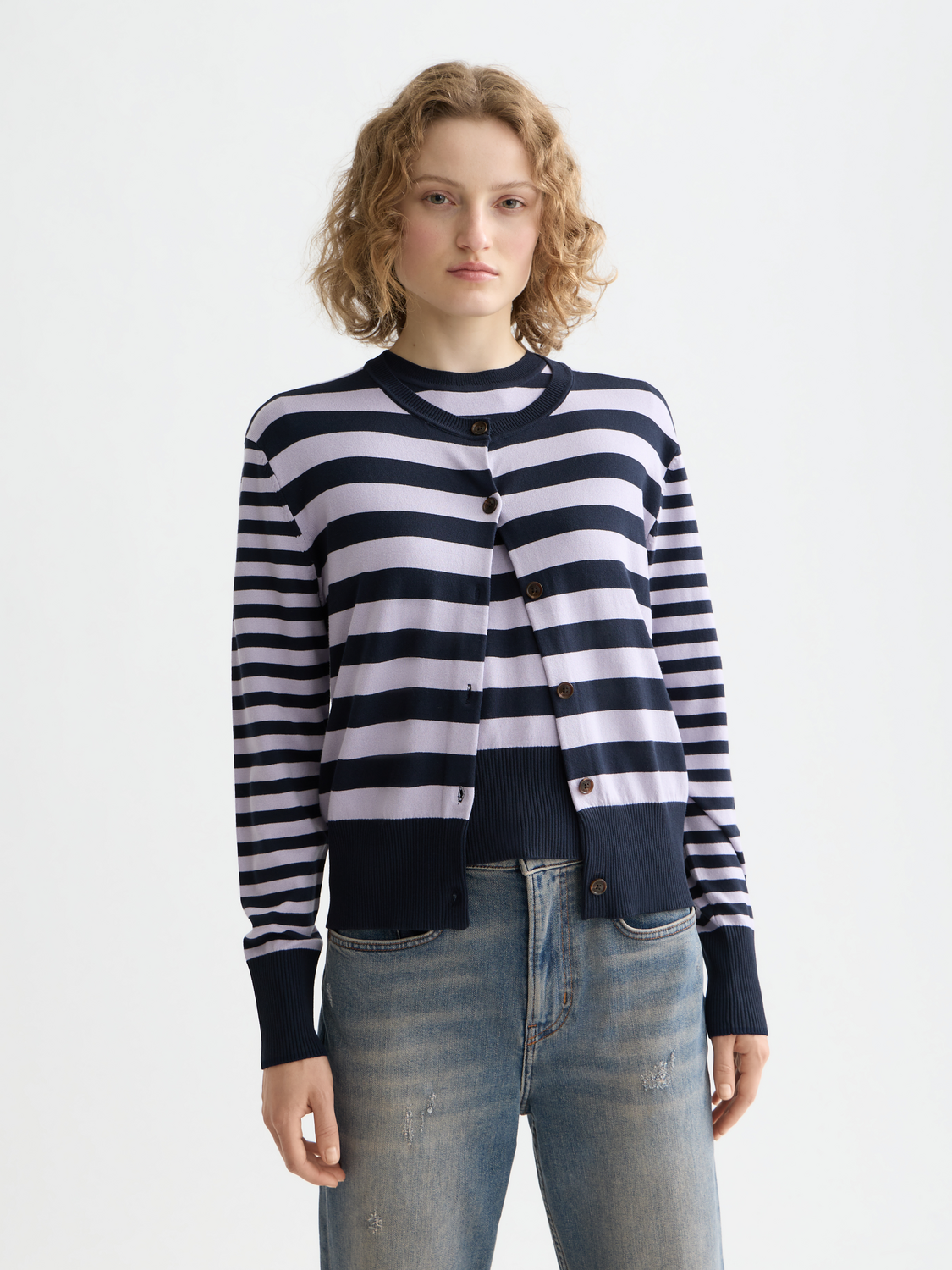 Crew Neck Relaxed Cardigan - Sky Captain/ Lavender