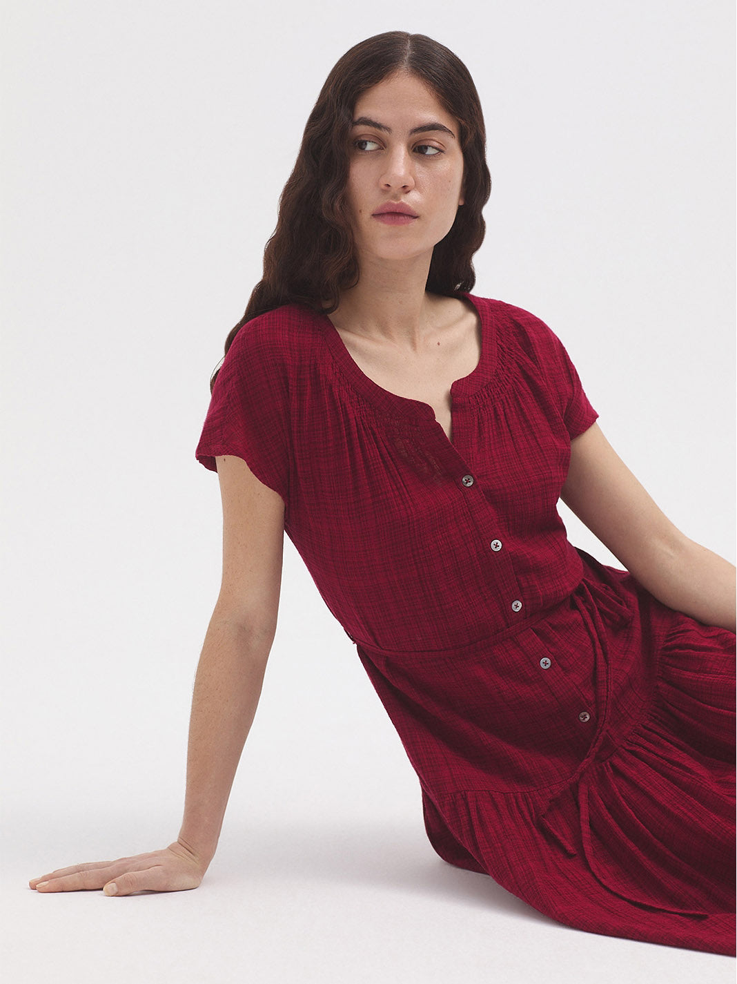 Red Mesh-Knit Long Dress