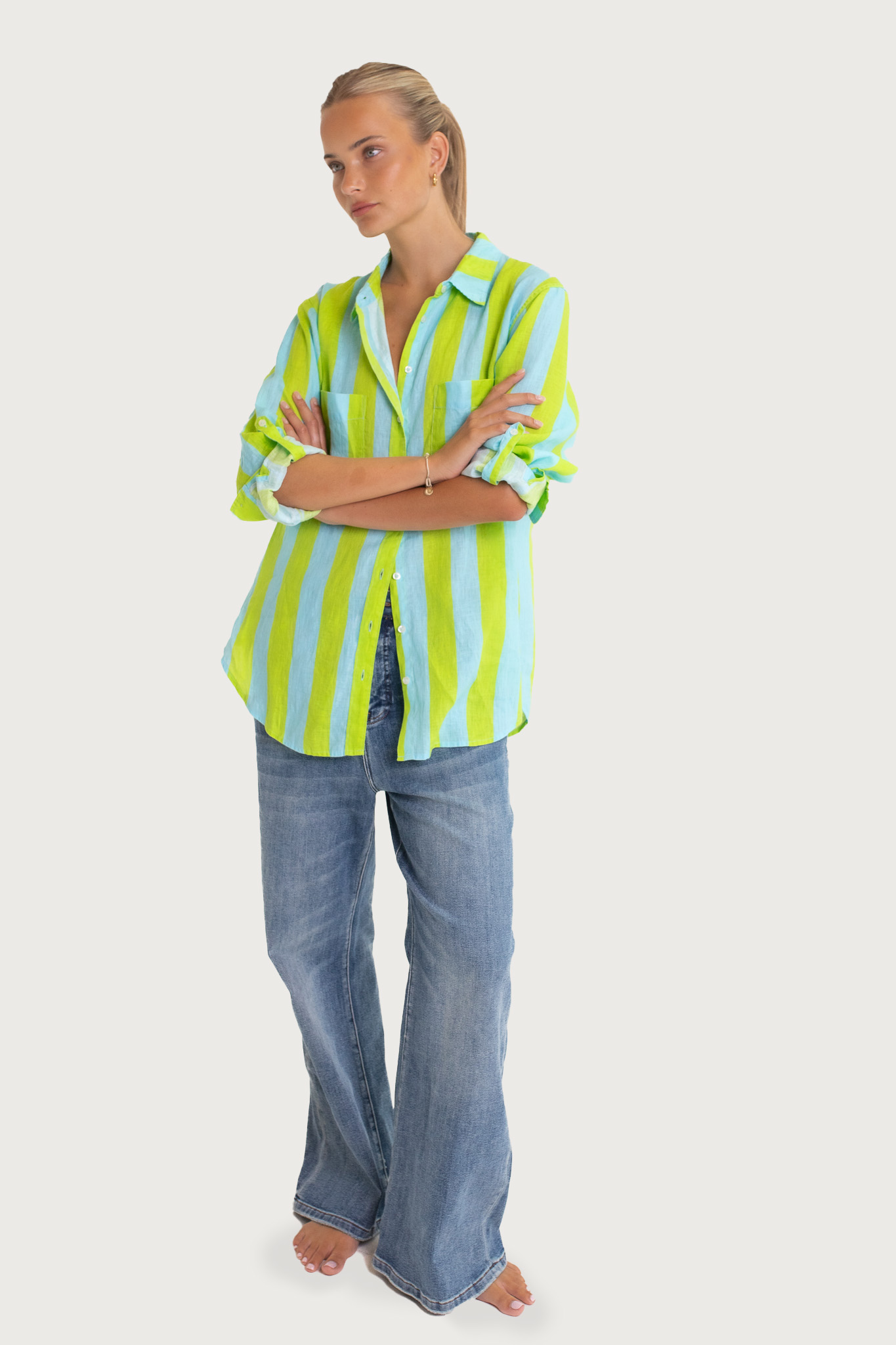 HUT Boyfriend Linen Shirt – Lime & Blue Stripe