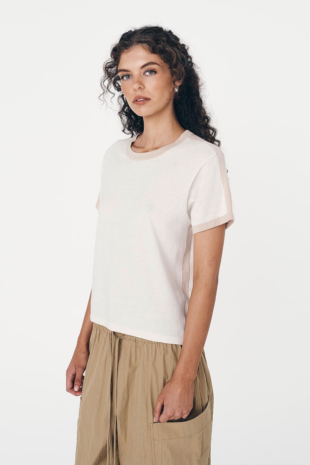 Rania Contrast Knit Tee - Oat Milk